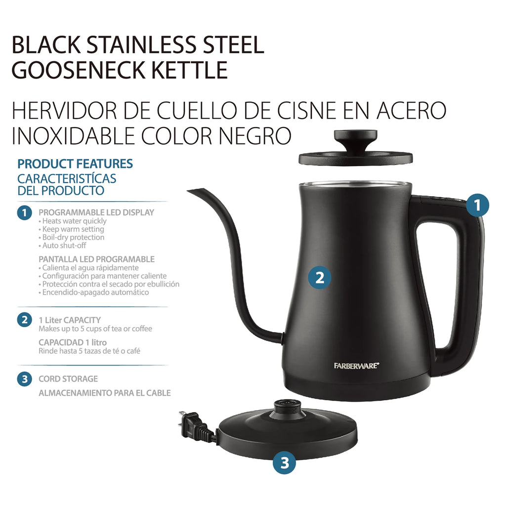 Gooseneck Electric Kettle, 1 Liter, Black W78645