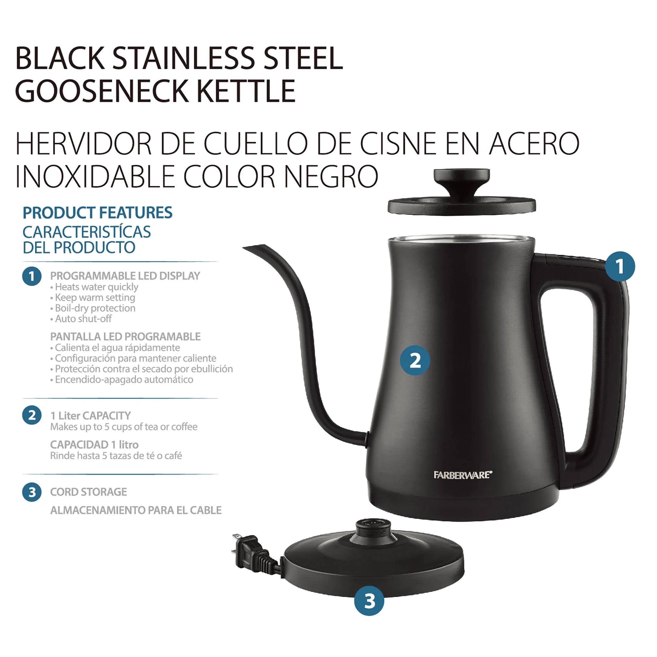 Gooseneck Electric Kettle, 1 Liter, Black W78645