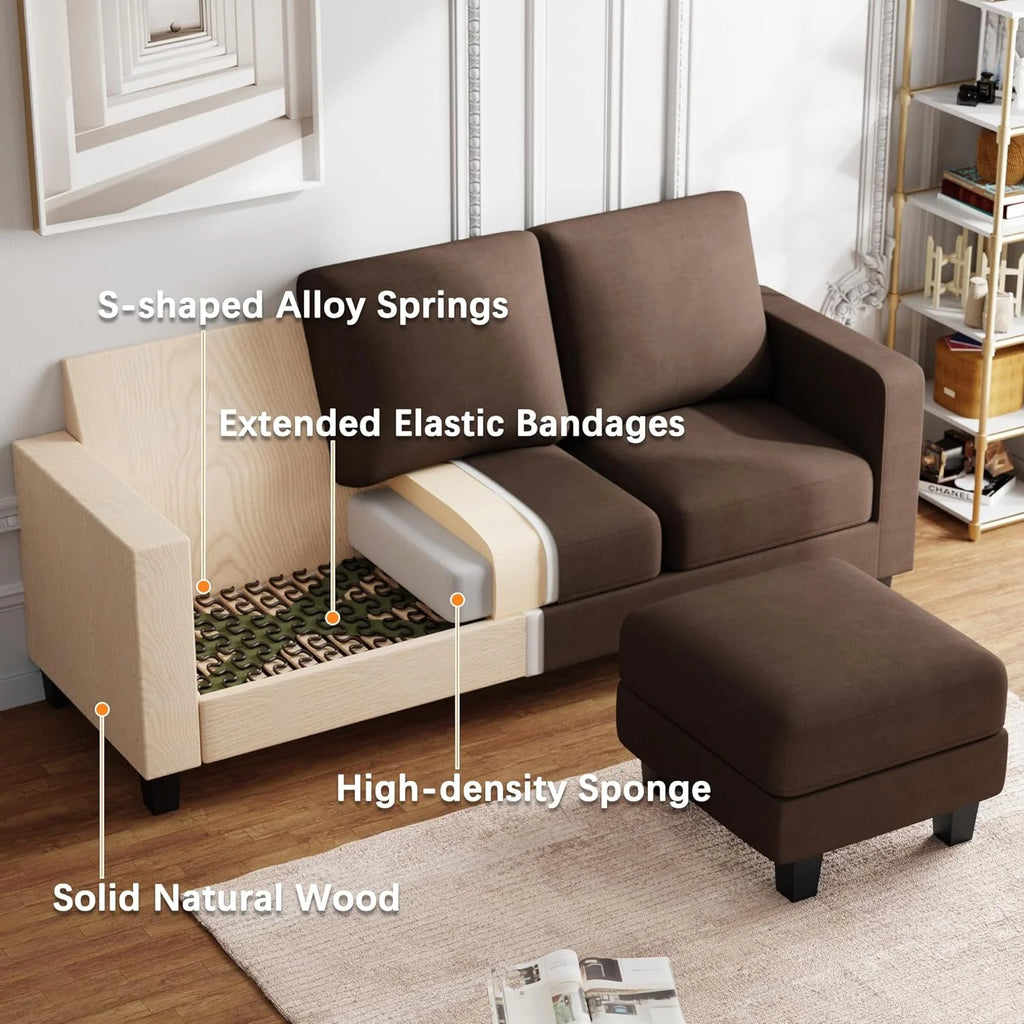 L Shaped 3-Seat Sectional Sofa with Ottoman for Small Spaces, Brown J979264