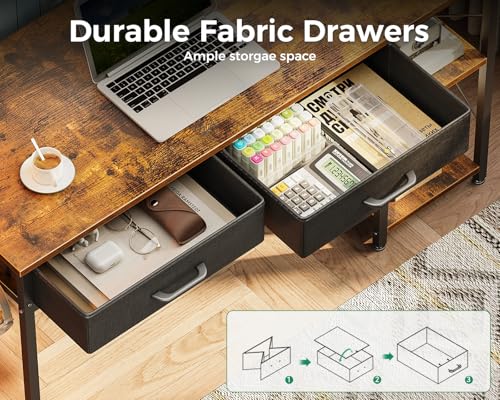 Small Computer Desk with Drawers & Power Outlet for Bedroom, Home Office M131