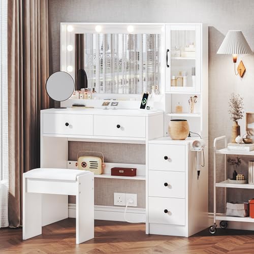White Vanity Table with Drawer, Charging Station, Lighted Mirror P35549
