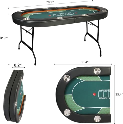 84" Foldable Poker Table with Chips Tray, 10 Player Oval, Green Felt U489