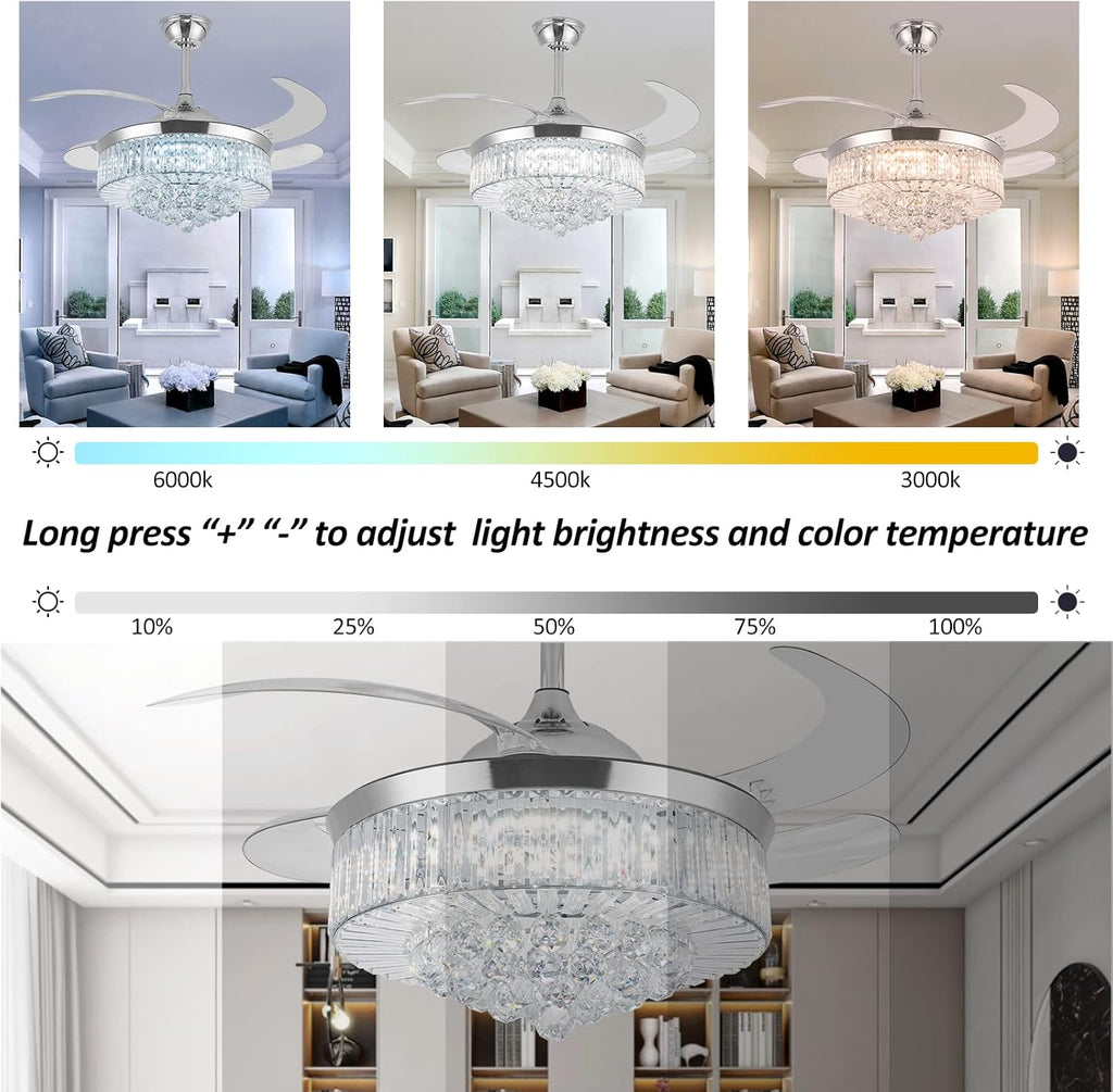 Crystal Ceiling Fan with Light, Dimmable LED Remote Control, Retractable Blades U2447