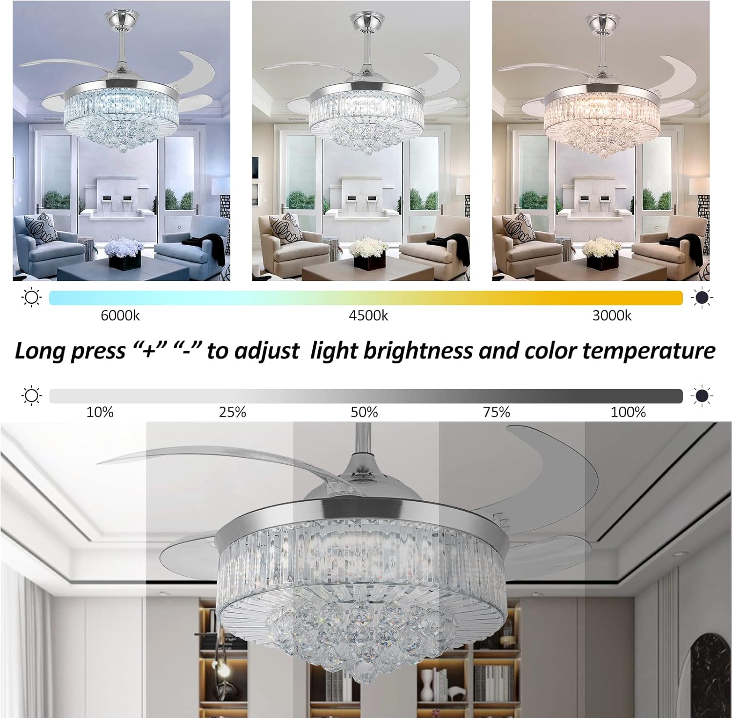 Crystal Ceiling Fan with Light, Dimmable LED Remote Control, Retractable Blades U2447