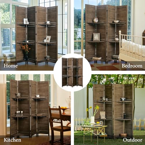 Folding Room Divider with Shelves, 6 Panels, Brown D785582