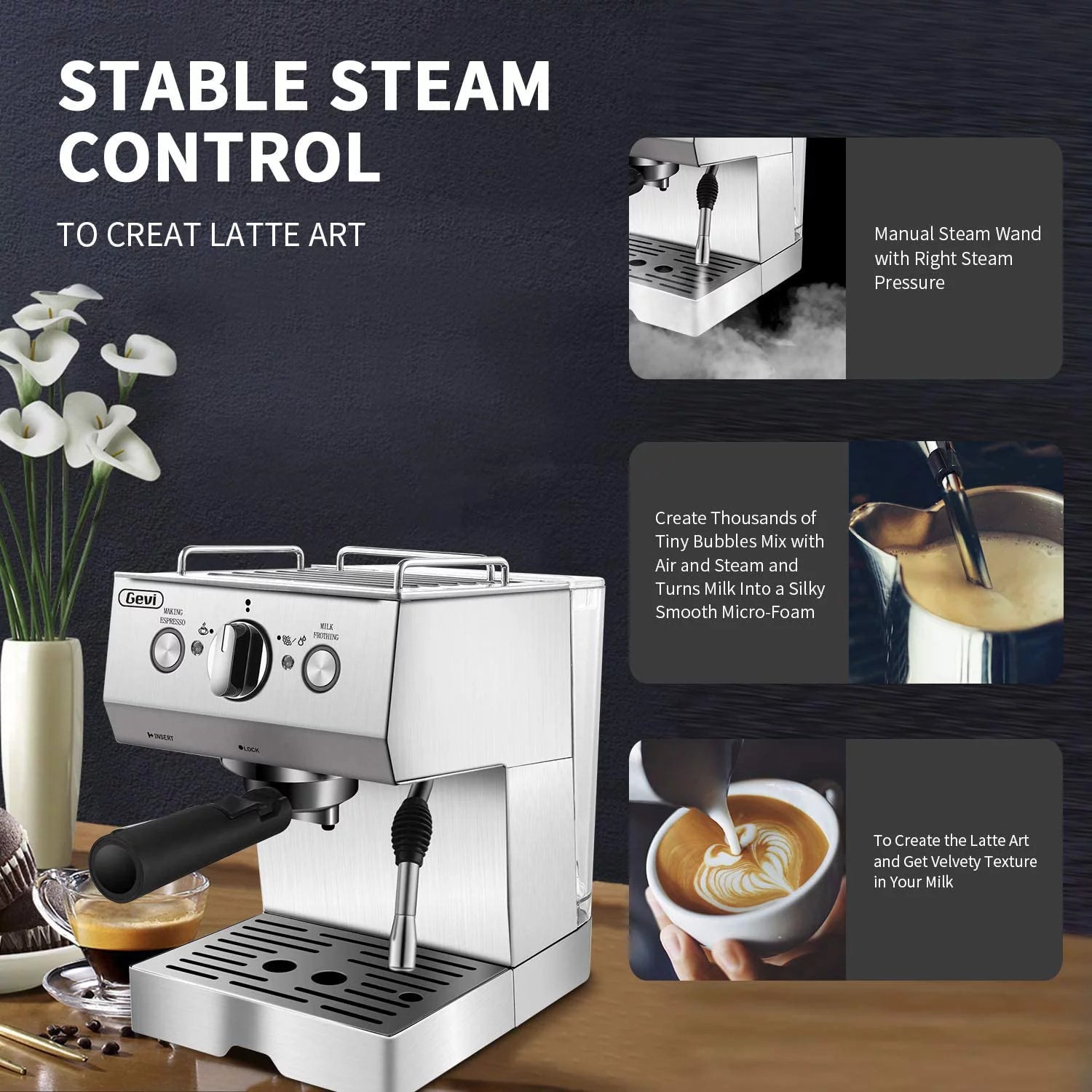 Silver Stainless Steel 15 Bar Espresso Machine with Milk Frother Q6040