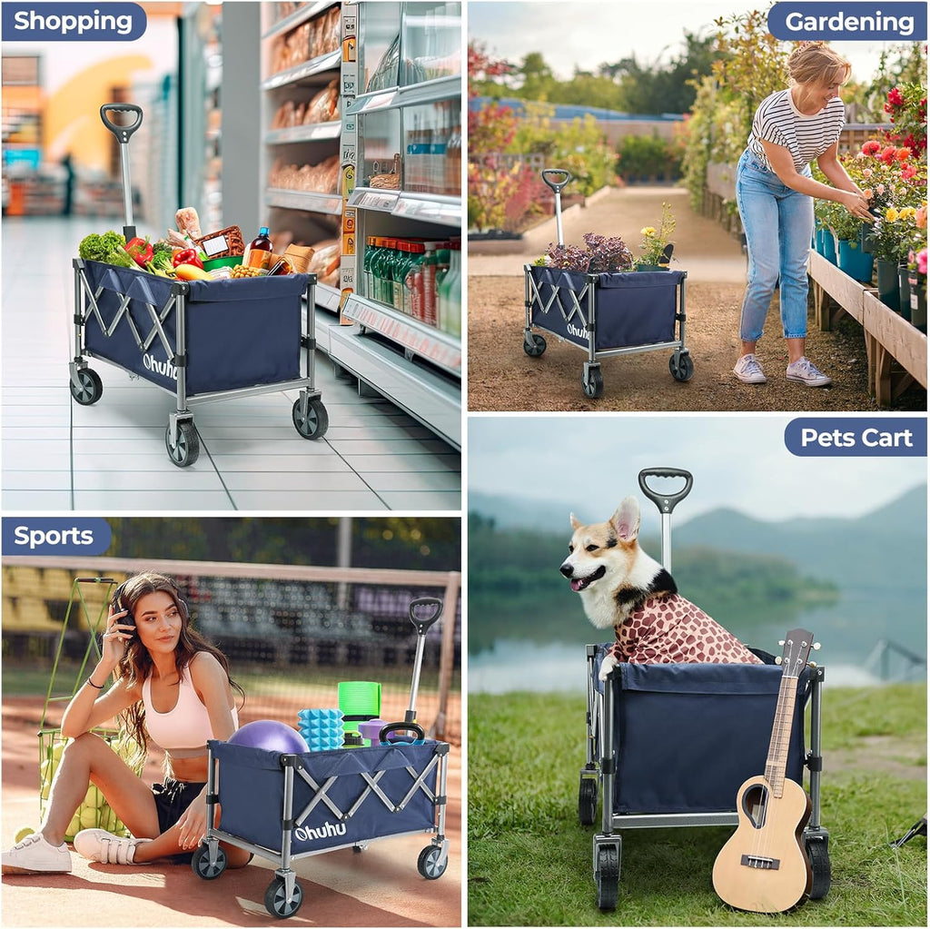 Foldable Utility Wagon Cart with Wheels, 85L Capacity, Heavy Duty for Camping and Shopping Y1713