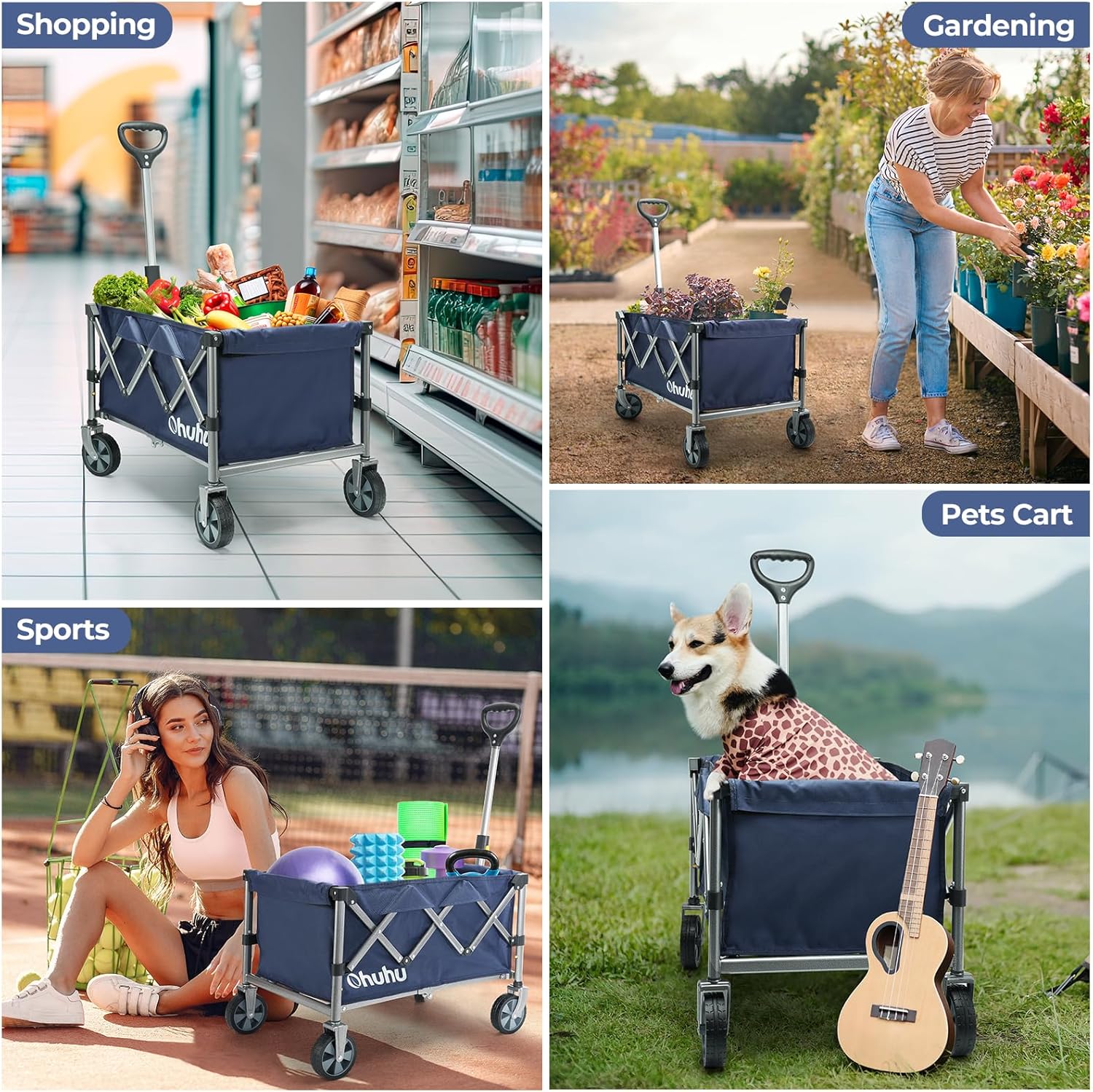 Foldable Utility Wagon Cart with Wheels, 85L Capacity, Heavy Duty for Camping and Shopping Y1713