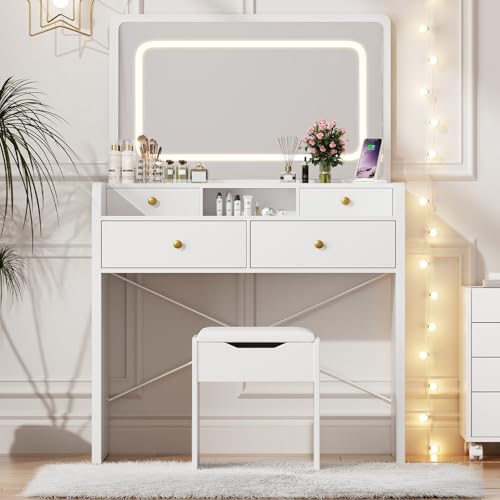 Vanity Desk with Mirror and Lights, Makeup Vanity Table with Drawers, Storage Stool, 41" Large Mirror Dressing Table Vanity Set for Girls Women Bedroom, White