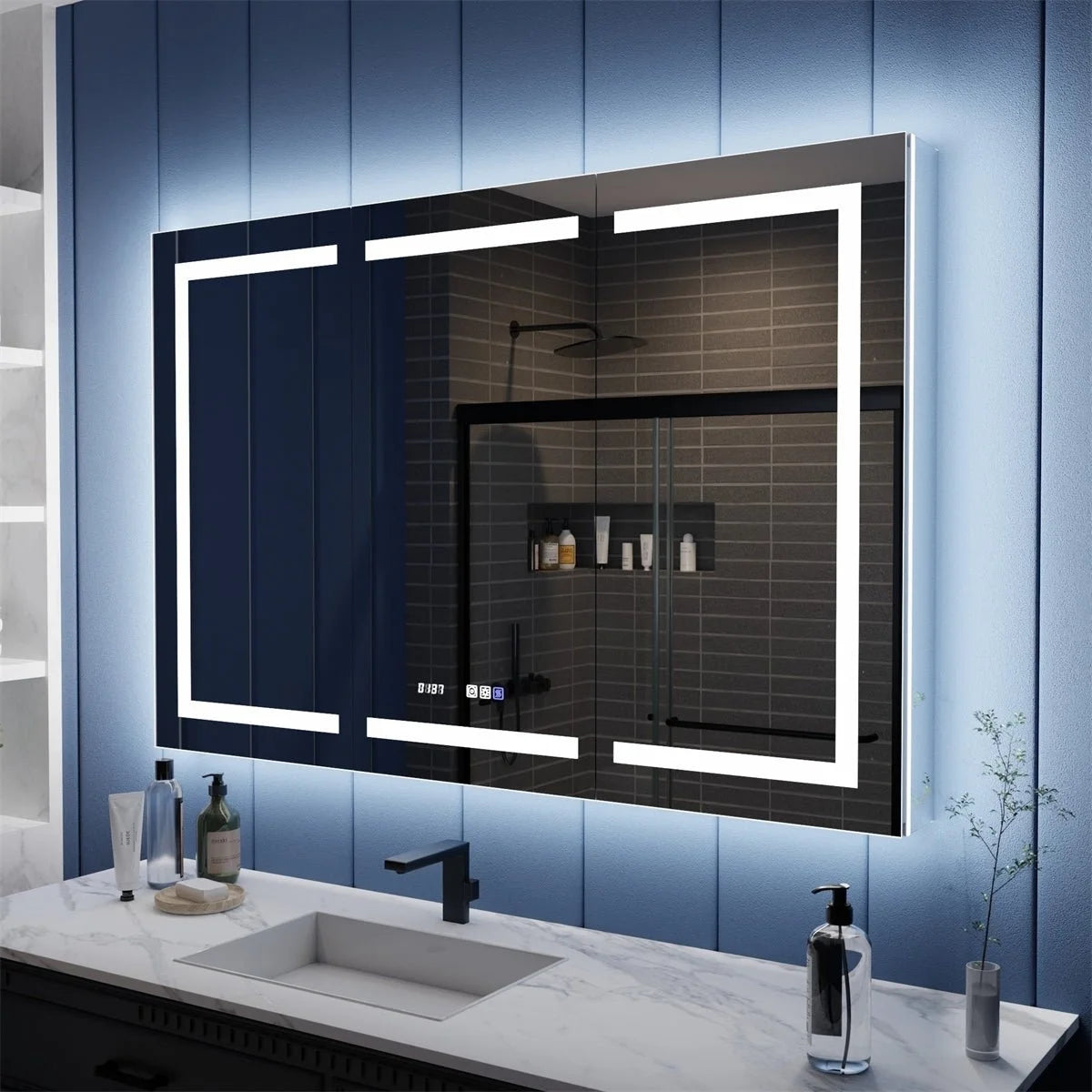 Illusion-B 54" x 36" LED Lighted Inset Mirrored Medicine Cabinet with Magnifiers Front and Back Light
