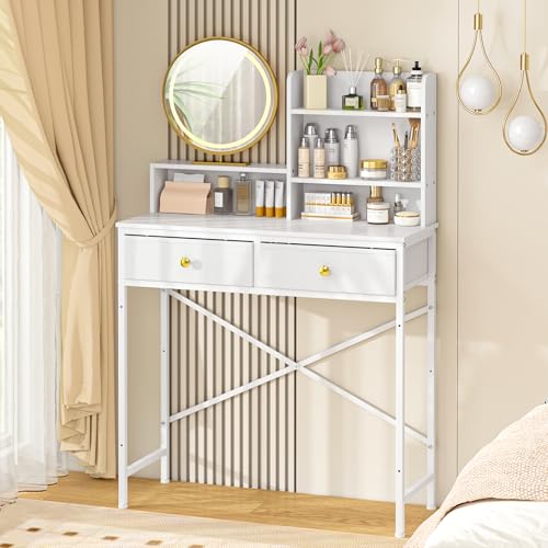 White Vanity Desk with 2 Drawers and Open Shelves B163
