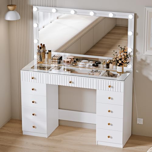 Makeup Vanity Desk with Mirror and Lights, Glass Top, 9 Drawers M5813