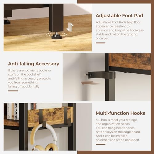 Corner Bookshelf 5-Tier with Hooks, Industrial Wooden Bookcase, Rustic Brown A796