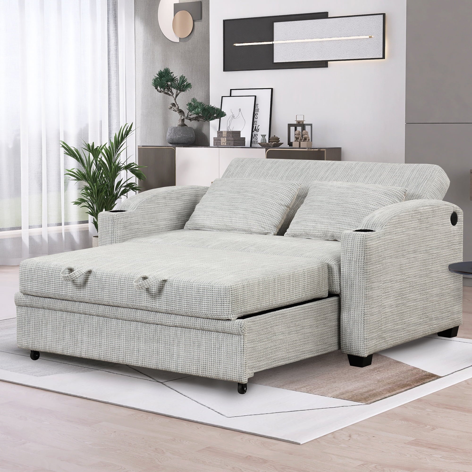 65" Pull Out Sofa Bed Chenille Convertible Loveseat with Adjustable Backrest W33639