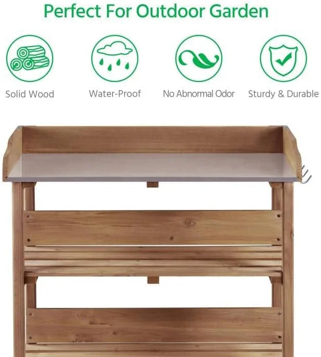 Wooden Potting Bench Table with Metal Tabletop and Storage Shelf A212159