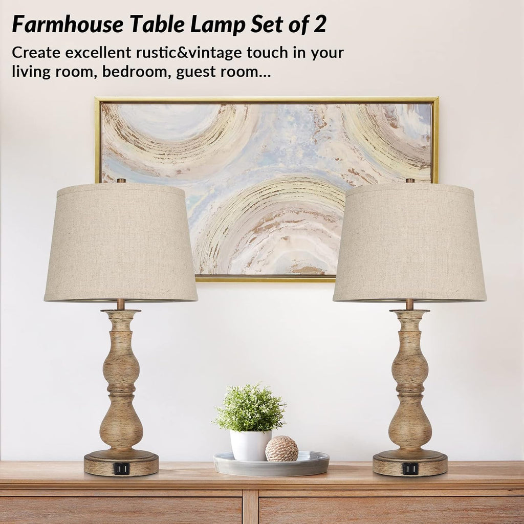 Set of 2 Touch Control Table Lamps with USB Ports, Dimmable, Cream Shades C7072