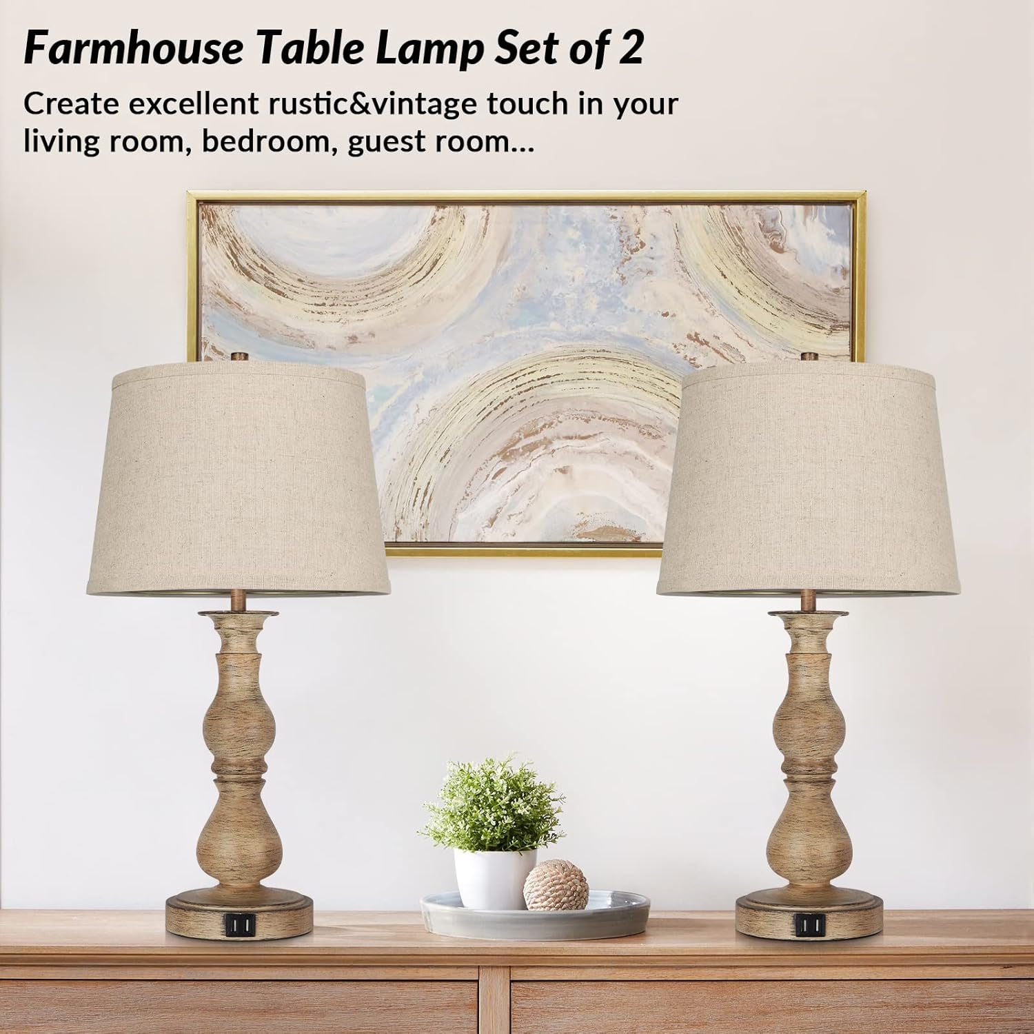 Set of 2 Touch Control Table Lamps with USB Ports, Dimmable, Cream Shades C7072
