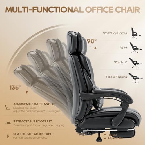 Big and Tall Office Chair Heavy Duty Leather Executive Desk Chair with Wide Seat and Adjustable Headrest R315