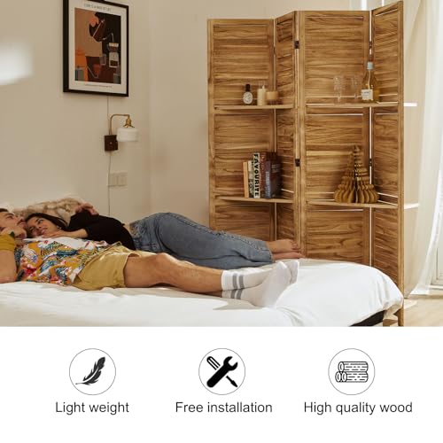 Folding Room Divider with Shelves, 6 Panels, Brown D785582