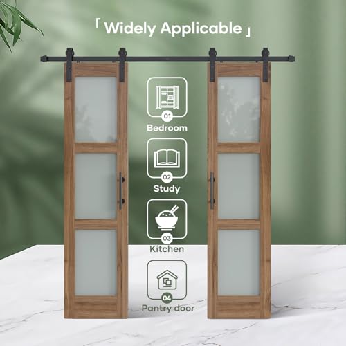 Double 18 x 84 inch Glass Barn Door with Hardware Kit & Handle Included, 3-Panel Frosted Glass, Need Assembly S404