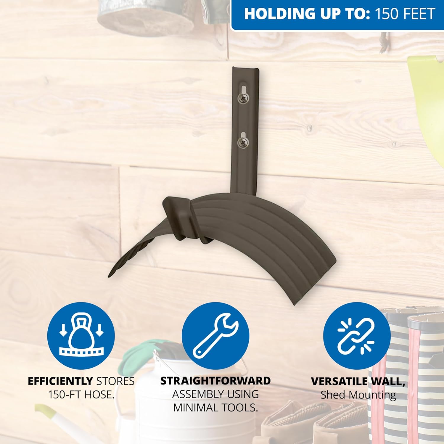 Metal Wall Mount Hose Hanger for Garden, Holds 150 ft, Brown Q1817