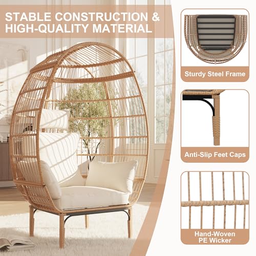 Oversized Wicker Egg Chair with 5 Cushions for Patio and Living Room I822