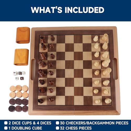 16" 3-in-1 Wooden Folding Chess, Checker & Backgammon Board Game Set L259
