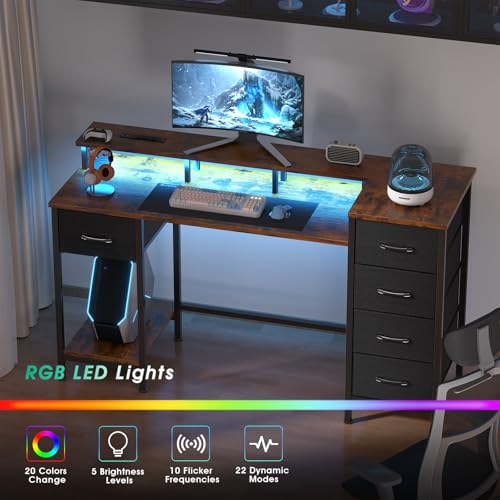 47 Inch Computer Gaming Desk with Power Outlets LED Lights and Storage Drawers I77165
