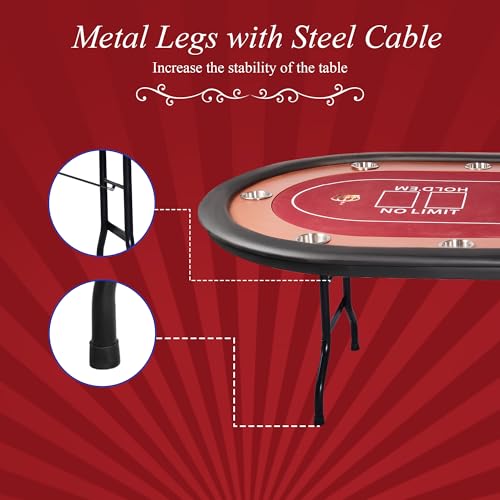 84" Foldable Poker Table with Chips Tray, 10 Player Oval, Green Felt U489