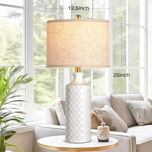 Farmhouse Ceramic Table Lamp Set of 2, 25" White Bedside Lamp with 3-Color LED Bulbs C7923