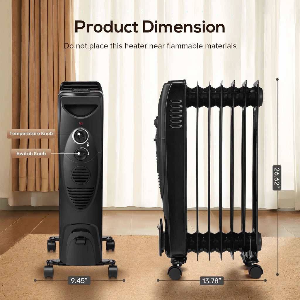 Electric Oil Filled Radiator Heater with Thermostat, Black B899326