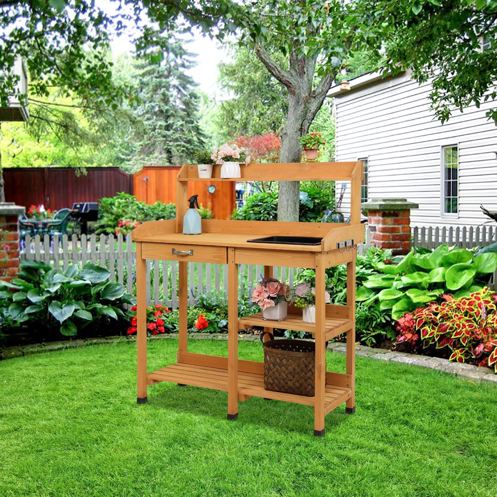 Wooden Potting Bench with Sink, Hooks and Storage Shelf Q510378
