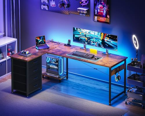 L Shaped Desk with 4 Tier Drawers, Power Outlets & USB, Corner Computer Desk with CPU Stand U4256