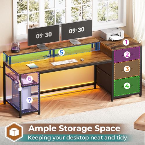 Office Desk with Drawers, Reversible Computer Desk with Storage, LED Lights & Power Outlet, Rustic Brown X65554