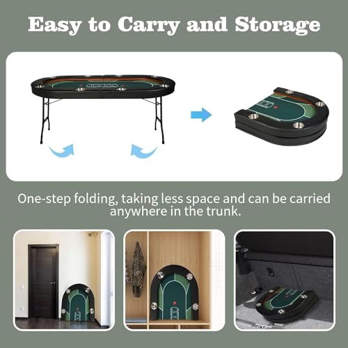 84" Foldable Poker Table with Chips Tray, 10 Player Oval, Green Felt U489
