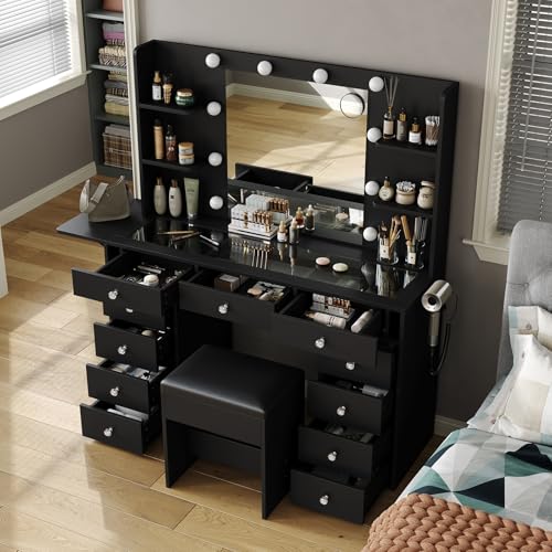Makeup Vanity Desk with Lighted Mirror and Power Outlet F65931