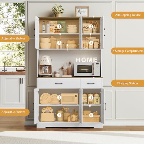 71" Tall Pantry Cabinet with Charging Station and Microwave Stand L63097