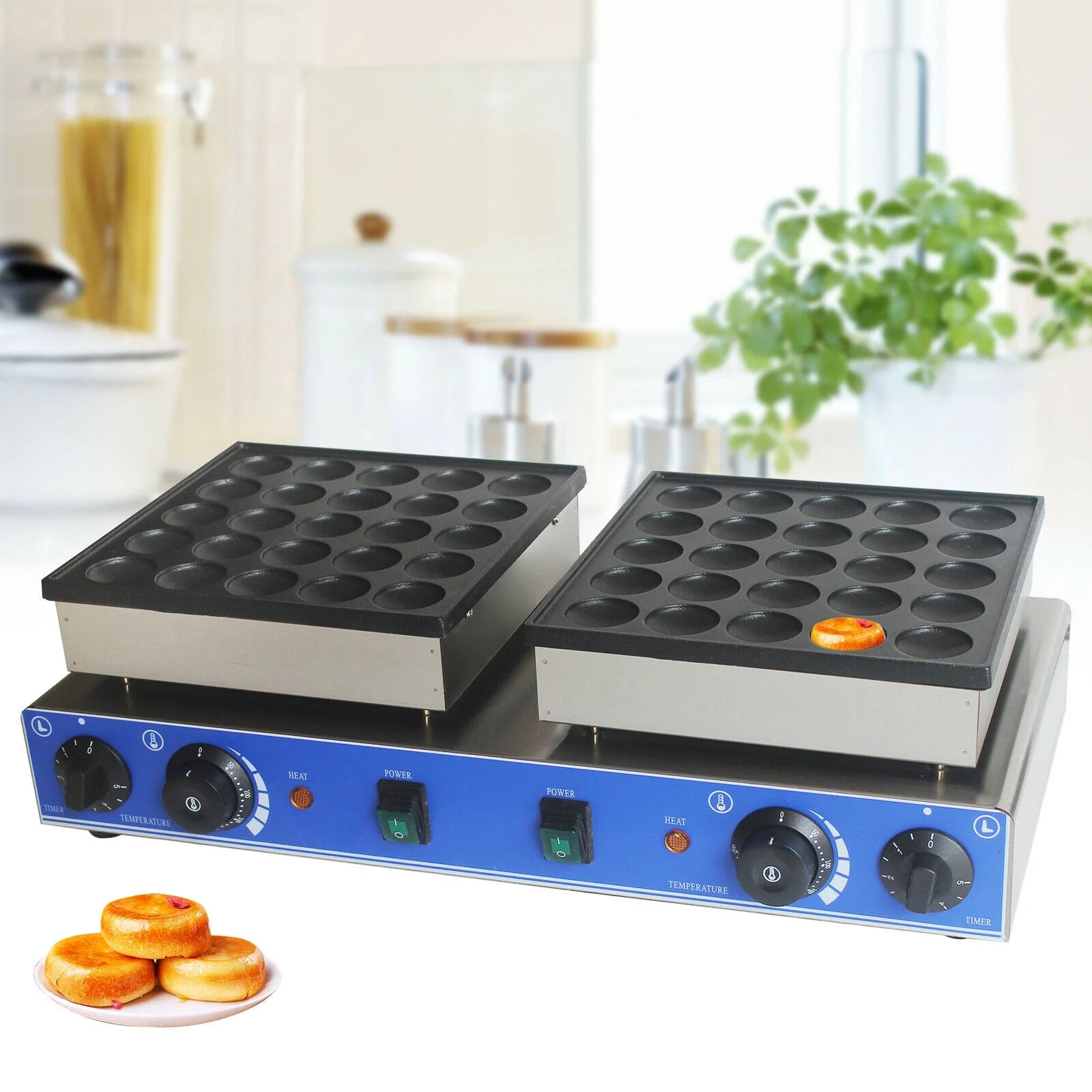 ANQIDI 1600W 25 + 25 Pcs Mini Stainless Steel Waffle Maker Electric Nonstick 1.7" Round Dutch Pancakes Making Machine