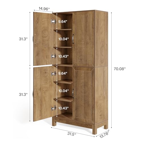 70" Tall Kitchen Pantry Cabinet with Adjustable Shelves, 6-Tier Storage Cabinet with Doors S4665