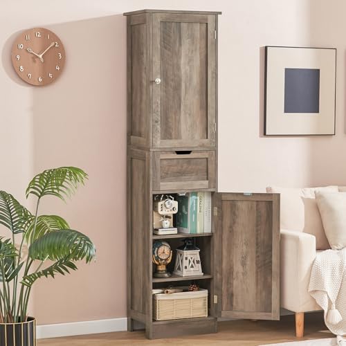 67" Tall Bathroom Cabinet with 2 Doors and 1 Drawer, Adjustable Shelves T930834