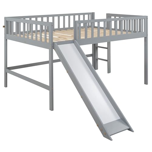 Wood House Loft Bed Frame with Slide and Storage Shelves Z806