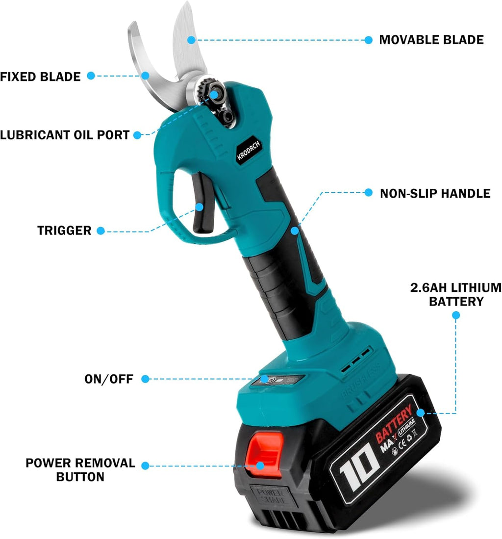 Cordless Electric Pruning Shears with 2 Rechargeable Batteries and 3 Blades, 25mm Cutting Diameter S93515