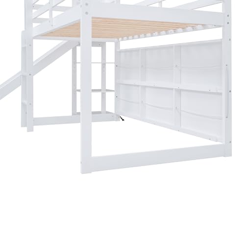 Wood House Loft Bed Frame with Slide and Storage Shelves Z806