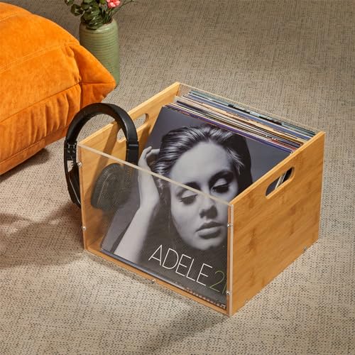 Bamboo & Acrylic Vinyl Record Storage Crate with Handle G916