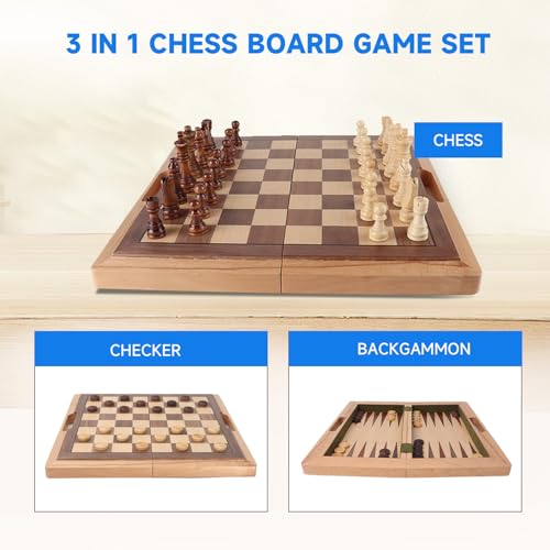 16" 3-in-1 Wooden Folding Chess, Checker & Backgammon Board Game Set L259