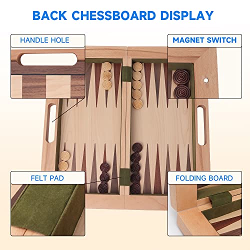 16" 3-in-1 Wooden Folding Chess, Checker & Backgammon Board Game Set L259
