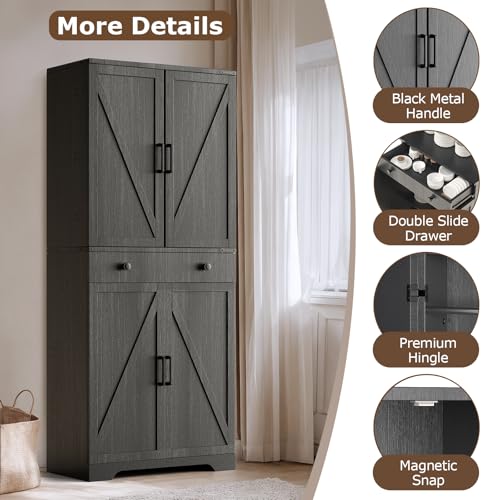 Farmhouse Pantry Cabinet with 6 Shelves and Barn Doors, Brown K34379