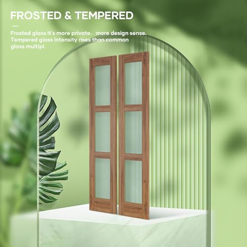 Double 18 x 84 inch Glass Barn Door with Hardware Kit & Handle Included, 3-Panel Frosted Glass, Need Assembly S404