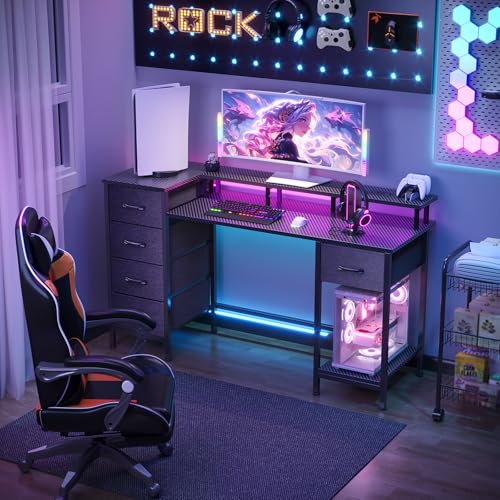 47 Inch Computer Gaming Desk with Power Outlets LED Lights and Storage Drawers I77165
