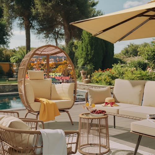 Rattan Egg Chair with Ottoman, Indoor Outdoor Wicker Chair with Footrest, 5 Cushions F541